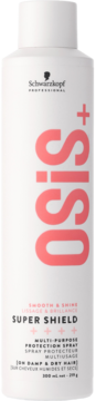 Biała butelka Schwarzkopf Professional OSiS+ Super Shield, wielofunkcyjnego sprayu ochronnego do włosów, widok z przodu.