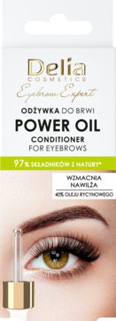 Delia Power Oil: odżywka do brwi z 40% olejkiem rycynowym, białe opakowanie, zbliżenie aplikatora nad okiem.