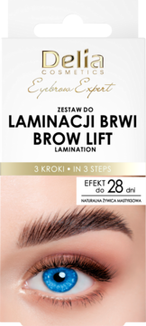 Delia Cosmetics Brow Lift kit: eyebrow lamination set. White box, eye with defined brows, 3 steps, 28-day effect.