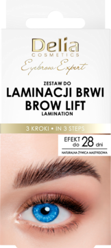Delia Cosmetics Brow Lift kit: eyebrow lamination set. White box, eye with defined brows, 3 steps, 28-day effect.