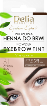 Opakowanie Delia Eyebrow Tint 3.1 Black Brown, z napisem pudrowa henna, modelką i zielonymi liśćmi.