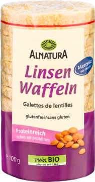Alnatura Linsen Waffeln, bezglutenowe wafle soczewicowe bogate w białko. Widok z przodu opakowania 100g.
