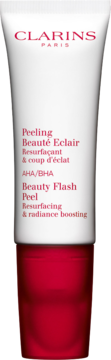 Clarins Beauty Flash Peel AHA/BHA, biała tubka z czerwoną podstawą, widok z przodu. Peeling kwasowy.