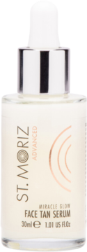St. Moriz Miracle Glow Face Tan Serum 30ml, beżowe, w przezroczystej butelce z białym zakraplaczem, widok z przodu.