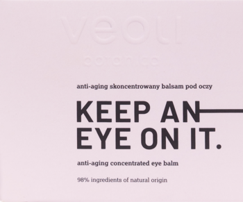 Anty-aging balsam pod oczy Veoli Botanica 'Keep an Eye On It.' w różowym opakowaniu z białym logo, widok z przodu.