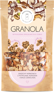 ORZECHOWNIA ,granola orzechowo-zbożowa, Orzechy nerkowca z pistacjami, kokosem i białą czekoladą,przód