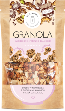 Granola Orzechownia bez cukru w brązowej torbie z okienkiem. Widoczne nerkowce, pistacje, kokos i biała czekolada.