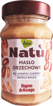 Natú Masło Orzechowe BIO, bez cukru i źródło białka, w szklanym słoiku, widok z przodu.