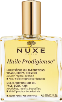 Butelka 100ml suchego olejku NUXE Huile Prodigieuse do twarzy, ciała, włosów, przezroczysta ze złotą nakrętką, widok z przodu.