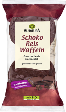 Alnatura Schoko Reis Waffeln, opakowanie folia, wafle ryżowe w czekoladzie deserowej, bezglutenowe. Widok z przodu.