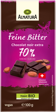 Alnatura Feine Bitter BIO wegańska gorzka czekolada 70% kakao, 100g, front brązowo-purpurowego opakowania.