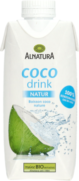 Alnatura Coco Drink Natur w białym kartonie, z obrazem zielonego kokosa i rozpryskującej się wody. Widok z przodu.