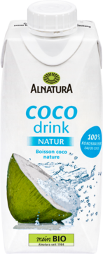 Biały karton Alnatura COCO drink NATUR 100% kokosowa woda z zielonym kokosem i rozbryzgiem wody.