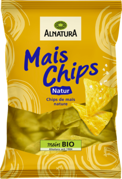 Żółte opakowanie Alnatura Mais Chips Natur, z widocznymi kukurydzianymi chrupkami i solą morską, frontalny widok.