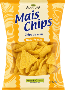 Frontalny widok żółtego opakowania Alnatura Mais Chips z chrupiącymi chipsami kukurydzianymi, 125g.