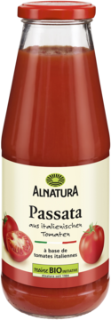Alnatura Passata w szklanej butelce, widok z przodu, etykieta z ilustracją pomidorów i BIO logo.