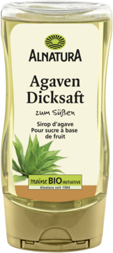 ALNATURA Agaven Dicksaft, organiczny syrop z agawy w przezroczystej butelce, zielona roślina agawy, przód.