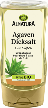 Alnatura Agaven Dicksaft, organic agave syrup in a clear, curved bottle with green agave illustration, front view.