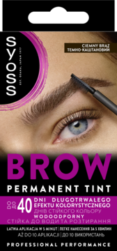 Syoss Brow Tint Ciemny Brąz. Opakowanie z okiem modelki, podkreślone brwi, pędzelek aplikacyjny. Długotrwała koloryzacja.