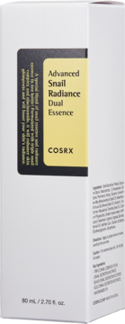 Białe pudełko koreańskiej esencji Cosrx Advanced Snail Radiance Dual Essence 80ml, widok boczny.