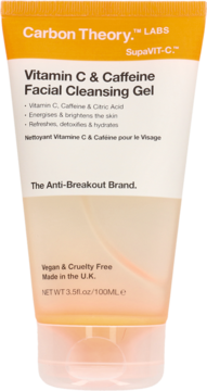 Carbon Theory Vitamin C & Caffeine Facial Cleansing Gel in white and orange tube, front view. Vegan.