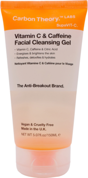 Wegański żel myjący Carbon Theory Vitamin C & Caffeine w białej tubce z pomarańczową nakrętką, widok z przodu.