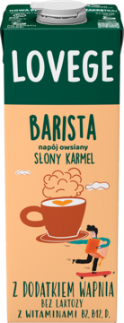 LOVEGE BARISTA owsiane Słony Karmel, z wapniem i witaminami, bez laktozy, karton zielono-pomarańczowy, widok z przodu.