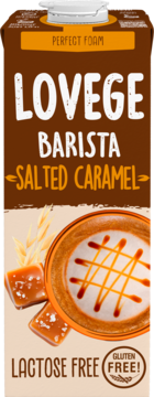 Brązowy karton Lovege Barista Oat Słony Karmel. Napis Perfect Foam, kawa latte, cukierki, bez laktozy i glutenu.