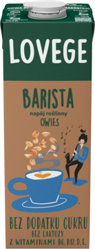 Lovege Barista Owies, brązowy napój roślinny do kawy, bez cukru/laktozy, z witaminami, z kubkiem i owsem.