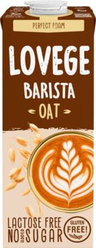 Lovege Barista Oat, brązowy karton napoju owsianego bez cukru, laktozy, glutenu. Latte art i owies.