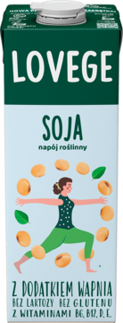 Frontalny widok Lovege Soja, napój roślinny w zielonym kartonie. Kobieta w jodze otoczona soją. Z wapniem.