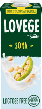 Napój sojowy Lovege Sante w zielonym kartonie z witaminami, przód, z soją i mleczną plamą. Bez laktozy i glutenu.