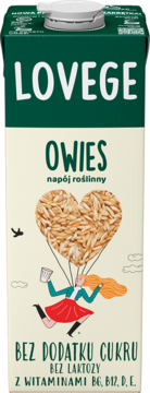 Lovege Owsiany napój roślinny, karton z ilustracją kobiety i sercem z ziaren. Bez cukru, witaminy.
