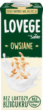 Zielono-biały karton Lovege by Sante Owsiane, z kłosami owsa. Napój roślinny z witaminami, bez laktozy, cukru, glutenu.