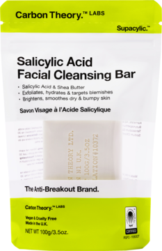 Biało-zielone opakowanie mydła Carbon Theory Salicylic Acid Facial Cleansing Bar, widok z przodu. Vegan, z kwasem salicylowym i masłem shea. 100g.
