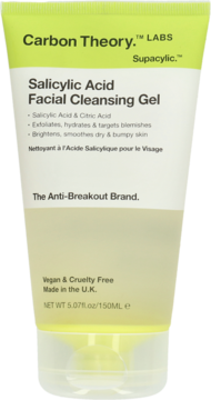 Carbon Theory Salicylic Acid Cleansing Gel w zielono-przezroczystej tubce 150ml, widok z przodu. Wegański.