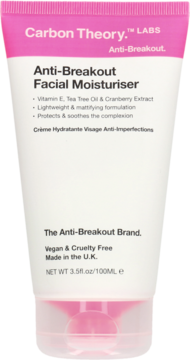 Biała tubka Carbon Theory Anti-Breakout Facial Moisturiser 100ml, z różowym spodem i górą, widok frontalny.