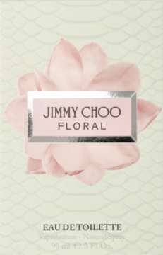 Pudełko perfum Jimmy Choo Floral 90 ml, białe z jasnozielonym wzorem i dużym różowym kwiatem.