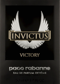 Invictus Victory Rabanne woda perfumowana męska, czarne pudełko ze srebrnymi skrzydłami i złotym logo.