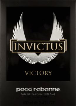 Męska woda perfumowana Paco Rabanne Invictus Victory w czarnym pudełku, srebrne skrzydła. Widok z przodu.