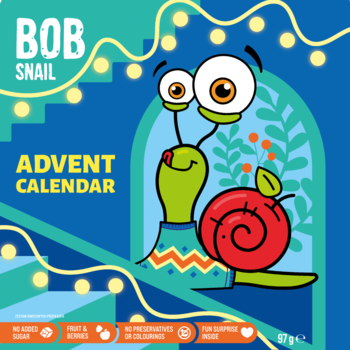 Bob Snail Advent Calendar z wesołym ślimakiem z czerwoną skorupą, pełen owocowych przekąsek i niespodzianki.