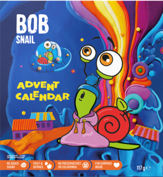 Bob Snail Kalendarz Adwentowy, niebieskie opakowanie z dużą postacią ślimaka w różowej bluzie, widok z przodu.