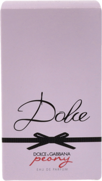 Różowe pudełko perfum Dolce & Gabbana Peony Eau de Parfum z czarnym napisem i wstążką, widok z przodu.
