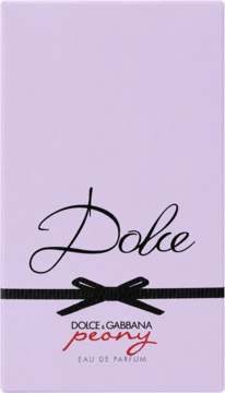 Dolce & Gabbana Peony Eau de Parfum w lilakowym kartoniku z czarną wstążką i napisem Dolce, widok z przodu.