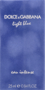 Niebieskie opakowanie perfum Dolce & Gabbana Light Blue Eau Intense 25ml, widok z przodu, z białymi napisami na fakturowanym tle.