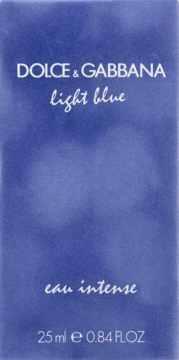 Jasnoniebieskie, teksturowane pudełko perfum Dolce & Gabbana Light Blue Eau Intense 25ml, widok z przodu.