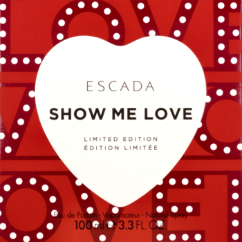 Czerwone opakowanie perfum Escada Show Me Love Limited Edition z białym sercem i napisem LOVE w stylu retro.
