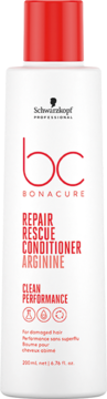 Biała butelka odżywki Schwarzkopf BC Bonacure Repair Rescue Arginine do włosów zniszczonych, z czerwoną nakrętką, widok z przodu.