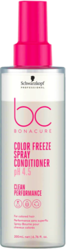 Schwarzkopf Bonacure Color Freeze spray conditioner, biała butelka z różowym atomizerem, widok z przodu, dla włosów farbowanych.
