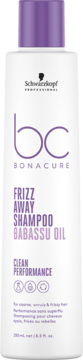 Biała butelka wygładzającego szamponu Schwarzkopf BC Bonacure Frizz Away Babassu Oil, fioletowa zakrętka, widok z przodu.